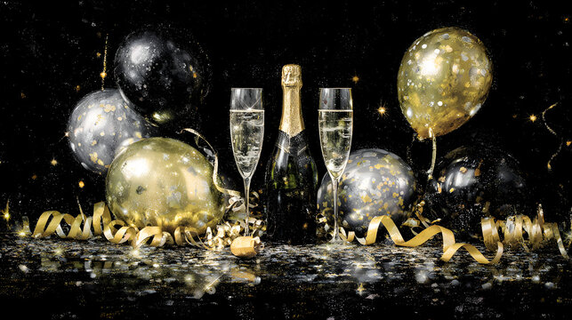 un fondo de a&ntilde;o nuevo brillante y resplandeciente con copas y botella de vino con globos decorativos dorado plateado y negro celebraciones elegantes