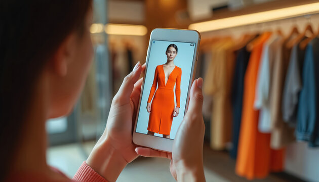 Woman uses smartphone in fashion store. She views orange dress on phone screen. Modern boutique showcases virtual fitting room tech for shoppers. Technology and fashion combine in retail scene.