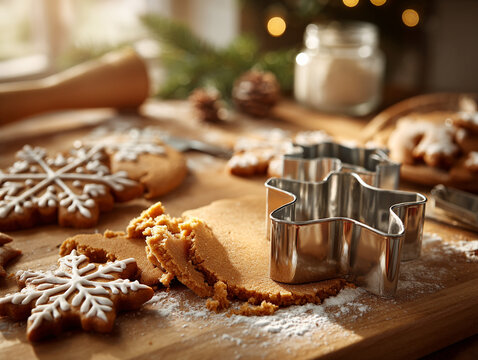 Gingerbread cookie preparation overhead, dough and cutters on kitchen table, clean natural light, commercial food stock