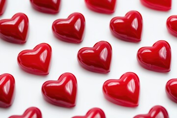 Multiple glossy red hearts arranged in neat rows creating pattern on white surface
