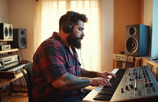 Bearded man with headphones plays digital synthesizer keyboard, composing new music. Focuses intently in modern home studio setting. Adult musician creating songs, surrounded by audio sound tech