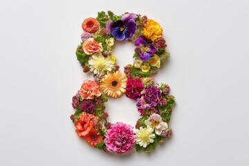 Number eight crafted from vibrant spring flowers including gerberas dahlias and pansies on white