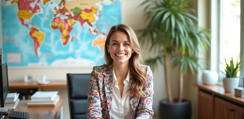 Smiling travel agent sitting at desk in office. Woman working on laptop. Colorful world map on wall. Plants near window. Businesswoman in floral blazer, white shirt. Cheerful female travel consultant.