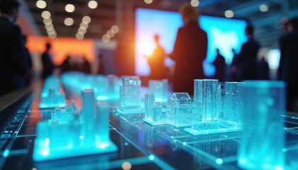 Blue glowing transparent city models represent smart urban development innovation. People attend tech conference, exploring cutting edge digital products, solutions. Blurry background shows attendees