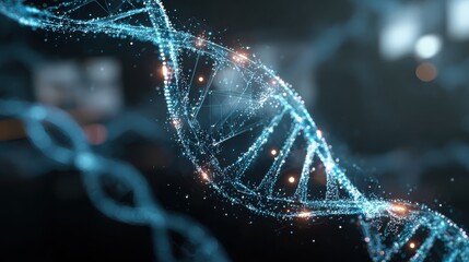 photorealistic glowing dna double helix in a futuristic medical lab with holographic interface symbolizing genetics biotechnology genomics research and scientific innovation