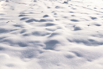 Snowy ground surface with soft hills and sunlight reflections in winter
