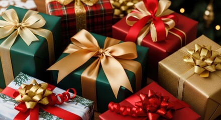 Colorful wrapped Christmas gifts with satin ribbons and bows arranged in festive display