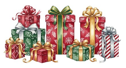 Watercolor stack of wrapped Christmas gifts with ribbons bows and holly patterns on white