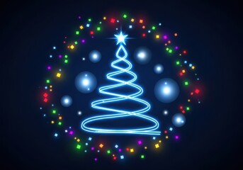Glowing neon christmas tree surrounded by colorful lights