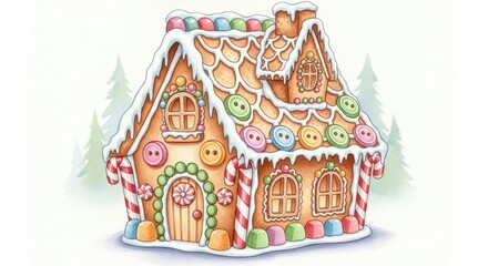 Whimsical gingerbread house decorated with icing candy buttons and peppermint sticks in snowy setting