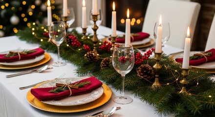 Festive Christmas table setting with candles, evergreen garland, red napkins and gold chargers