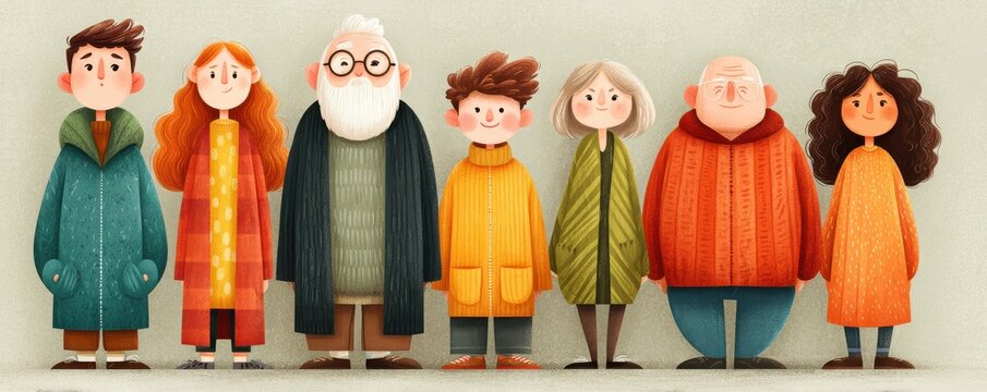 Colorful cartoon illustration of a diverse group of people standing together in a friendly lineup