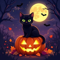 Vector illustration of a cute black cat sitting on a glowing jack-o’-lantern pumpkin under the full moon. Halloween night scene with autumn leaves, bats, and soft warm lighting. Modern flat style for 
