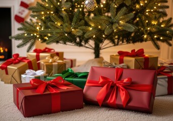 Festive christmas tree with wrapped presents and twinkling lights