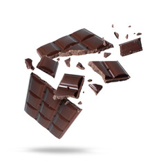 Broken dark chocolate bar in the air with flying pieces on transparent background