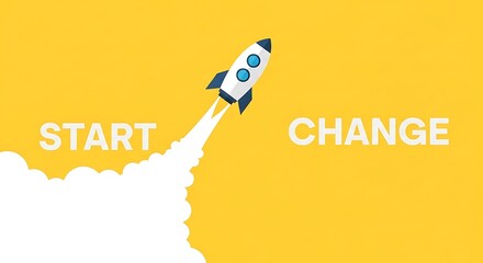Fototapeta premium Rocket launching with start and change text, symbolizing new beginnings