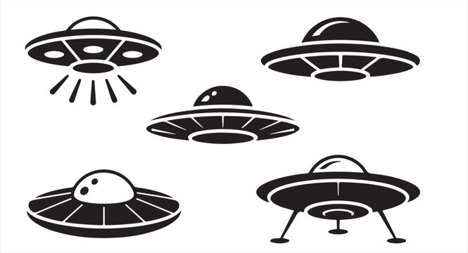 Black UFO Icons &ndash; Extraterrestrial Flying Saucer Vector Illustrations on White Background