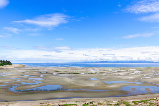 Panoramic view to the sandy beach with tide pools at low tide, blue sky with white clouds in summer day. Parksville, Vancouver island, BC, Canada.