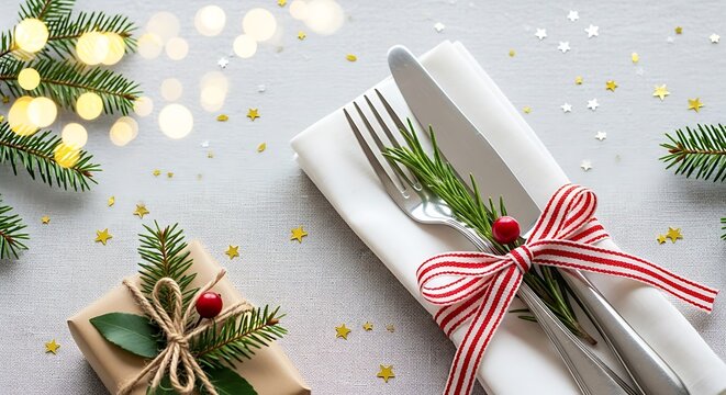 Festive christmas table setting with fir branches, gift, and cutlery tied with a ribbon