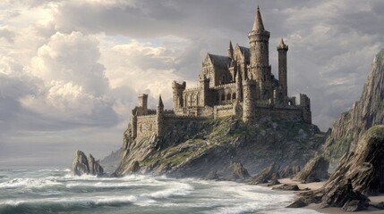 frontal view of an ancient castle perched atop cliffs waves crashing dramatic sky medieval grandeur