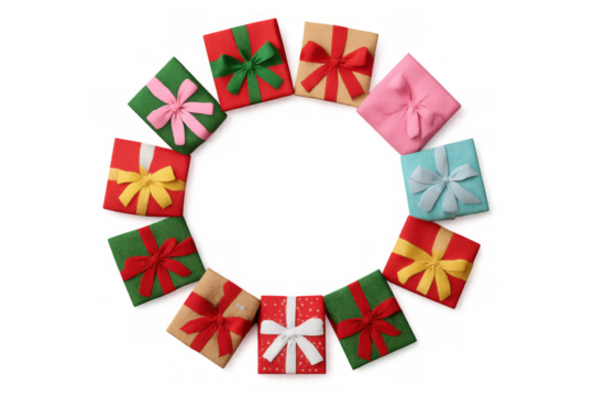 Festive christmas colorful felt gifts forming a wreath shape, creating a holiday frame on transparent background