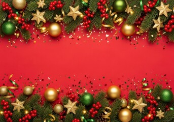 Festive christmas garland border with ornaments and stars on red background
