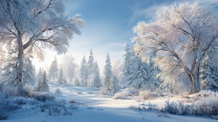 Obraz premium serene winter wonderland background adorned with snowcovered trees frosty landscapes and soft winter light creating a tranquil and peaceful winter scene