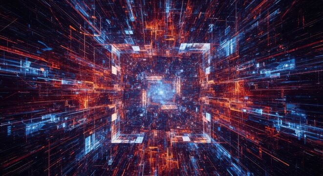 Futuristic digital cube tunnel with glowing red and blue cyber lines and light
