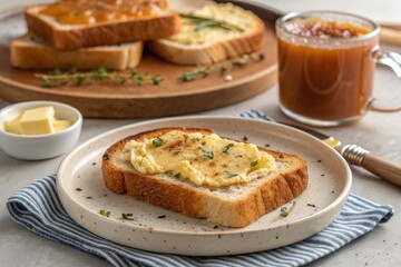 Enjoying a Hearty Breakfast With Toast Topped With Melted Cheese and Tea
