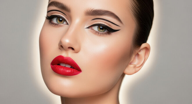 Beautiful young woman with dramatic winged eyeliner and bold red lipstick, showcasing flawless makeup and captivating green eyes.