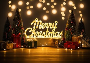 Warmly lit merry christmas sign surrounded by festive decorations