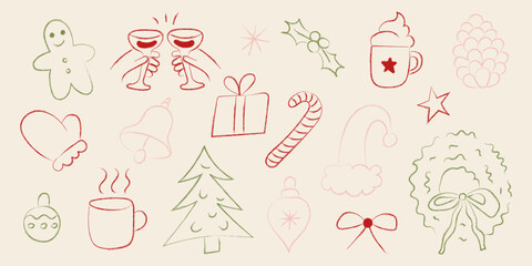 Obraz premium Festive Christmas doodle set with gifts, tree, mugs, candy cane, wreath, bell, and holiday symbols in red and green line art on beige background