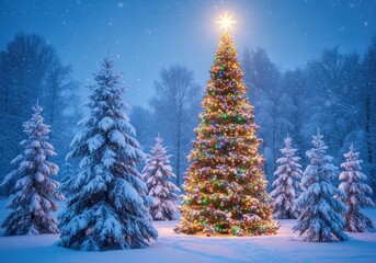 Illuminated christmas tree shines brightly in a snowy forest