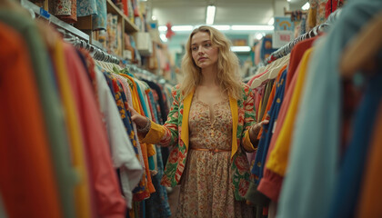 Obraz premium Young stylish woman shops for clothes in thrift store. Female customer browses vintage apparel on racks, searching for unique retro fashion finds. Represents sustainable fashion, conscious