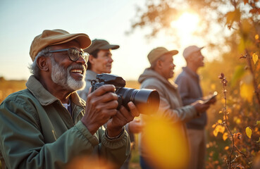 Senior African American men enjoy nature photo hobby. Group of older black photographers smile, take pictures with cameras outdoors. Explore flora, fauna in sunny field at golden hour. Active seniors