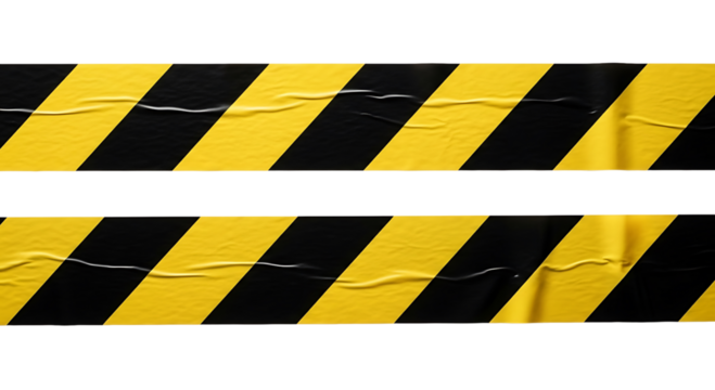 Yellow and black hazard warning tape stripes, isolated on transparent background