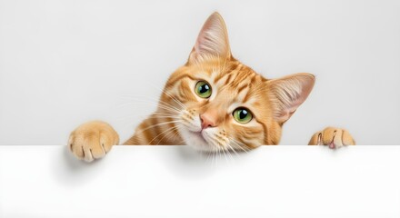 Curious orange tabby cat with green eyes peeking over a white surface, friendly feline