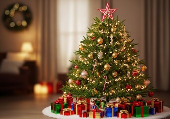Festively decorated christmas tree surrounded by wrapped presents