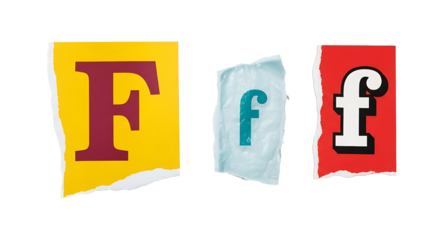 Three torn paper pieces with the letter f in different fonts and colors, isolated on transparent background