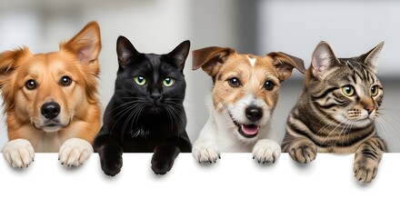 A curious group of four adorable pets, two dogs and two cats, looking over a white blank banner