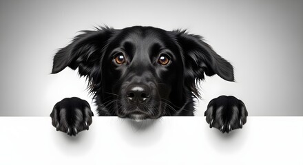 Adorable black dog with soulful eyes peeking over a blank white banner with its paws visible