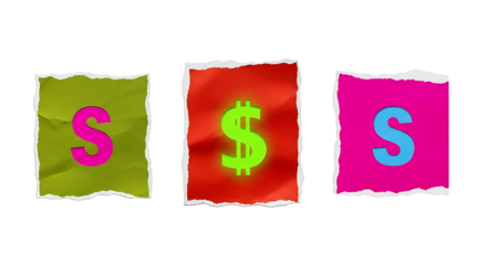 Torn paper pieces with letters s and dollar sign in vibrant colors isolated on transparent background