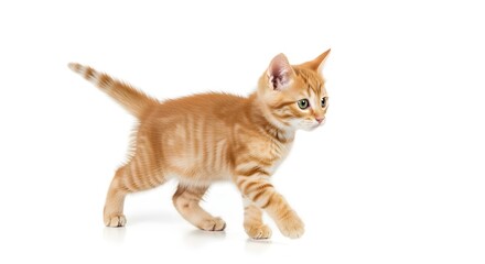 Adorable Orange Tabby Kitten Walking Gracefully A Playful Companion on a White Background