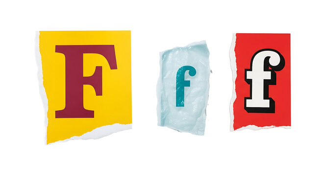 Three torn paper pieces with the letter f in different fonts and colors, isolated on transparent background