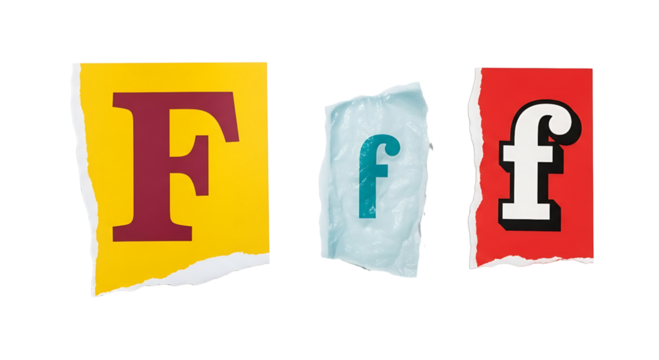 Three torn paper pieces with the letter f in different fonts and colors, isolated on transparent background