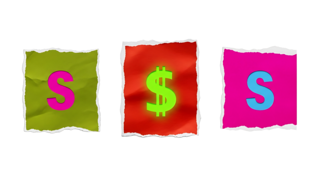 Torn paper pieces with letters s and dollar sign in vibrant colors isolated on transparent background