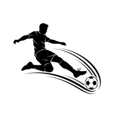 Dynamic vector graphic of a soccer player silhouette kicking a ball, conveying action, sport, and energy, ideal for posters, logos, and sports themed designs. 