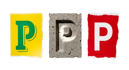 Three different representations of the letter p isolated on transparent background