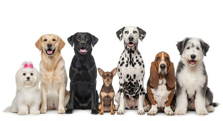 Portrait of multiple purebred dogs sitting in a line, showcasing canine diversity and friendship