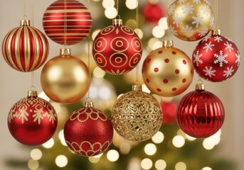 Festive red and gold christmas ornaments on a blurry tree